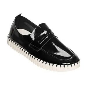Black Patent Slip-On Loafers with White Sole